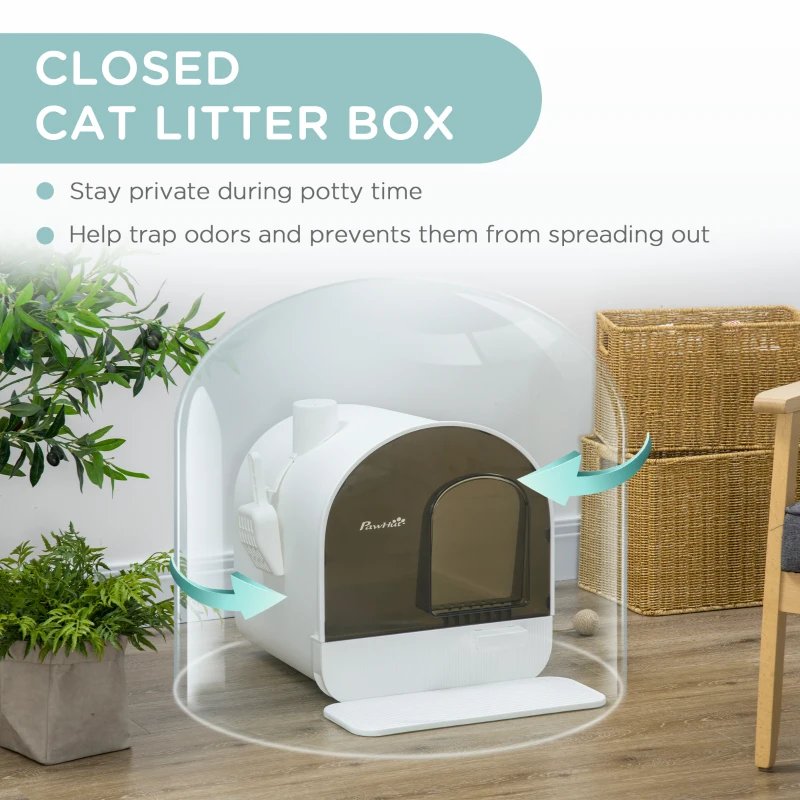 PawHut Cat Litter Box with Lid with Scoop and Filter, White