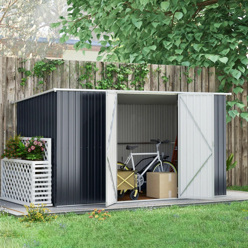 Outsunny 11.2' x 5.6' Storage Shed w/ Lockable Door, Galvanized Metal Utility Outdoor Shed for Backyard, Bike, Patio, Cold Gray