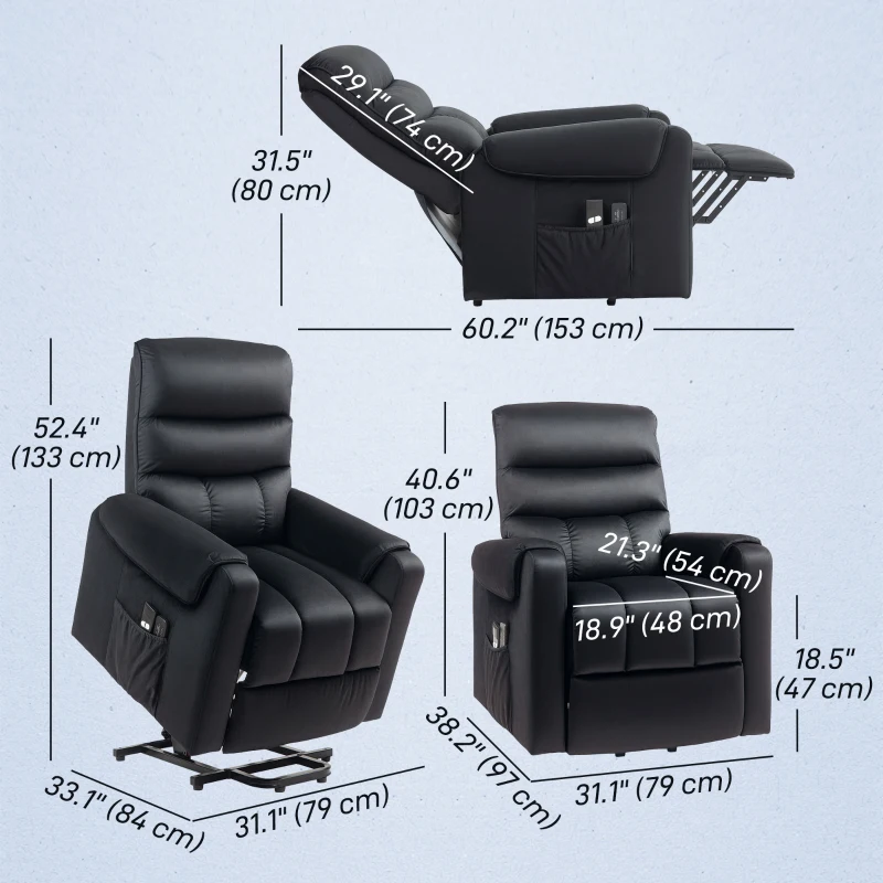 HOMCOM Lift Chair for Elderly, Massage Recliner Chair with 8 Vibration Points, Footrest, Remote Control, Side Pockets, Black