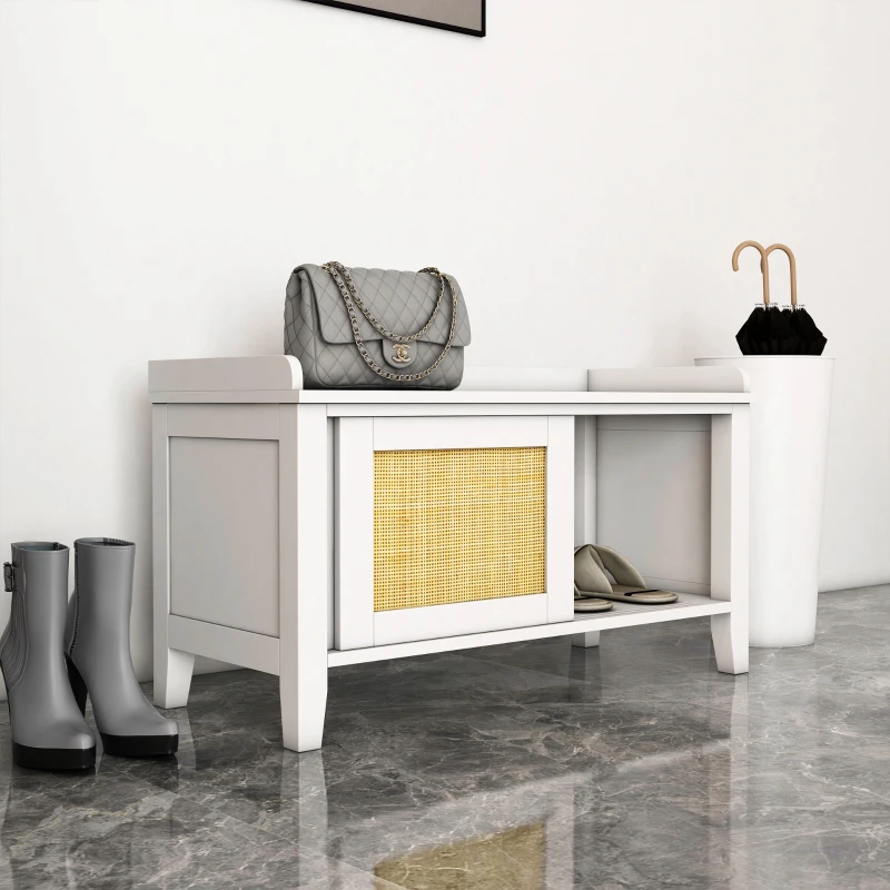 HOMCOM Entry Way Bench Shoe Storage Bench with Shoe Cabinets 2 Rattan Sliding Doors and Pine Wood Legs for Hallway White