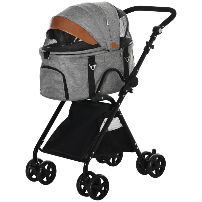 PawHut 2 in1 Foldable Pet Stroller and Detachable Travel Carriage with Lockable Wheels, Adjustable Handlebar Canopy and Zippered Mesh Window Grey