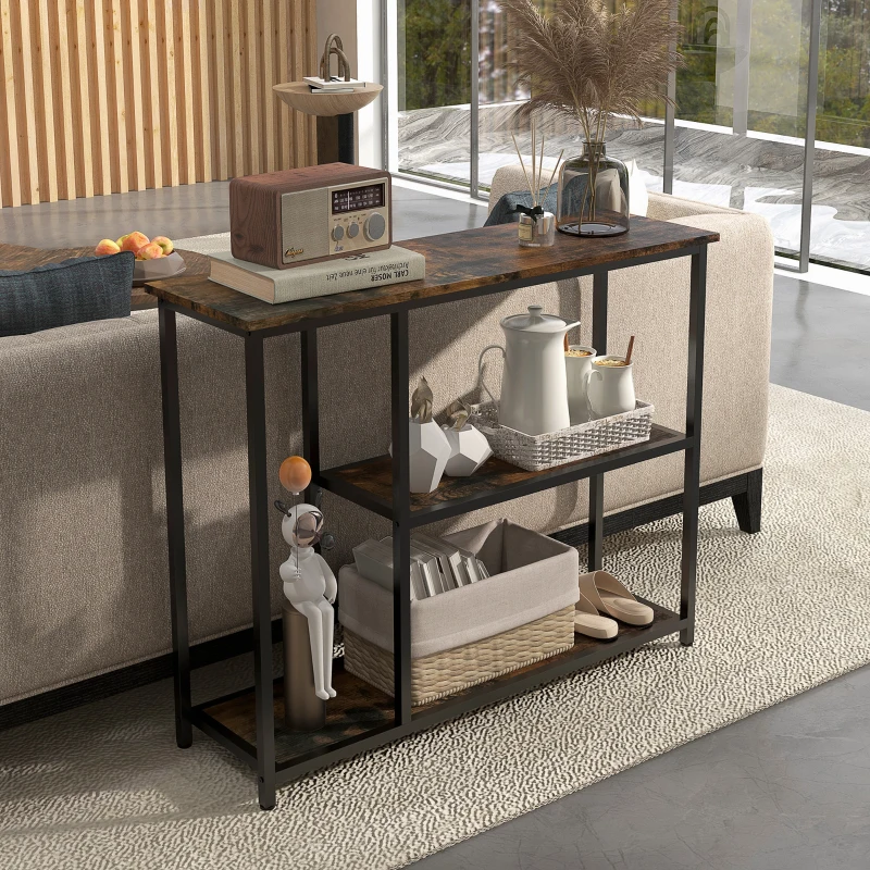 HOMCOM 39" Console Table, Entryway Table with 2 Storage Shelves, Steel Frame, Narrow Sofa Table for Living Room, Brown