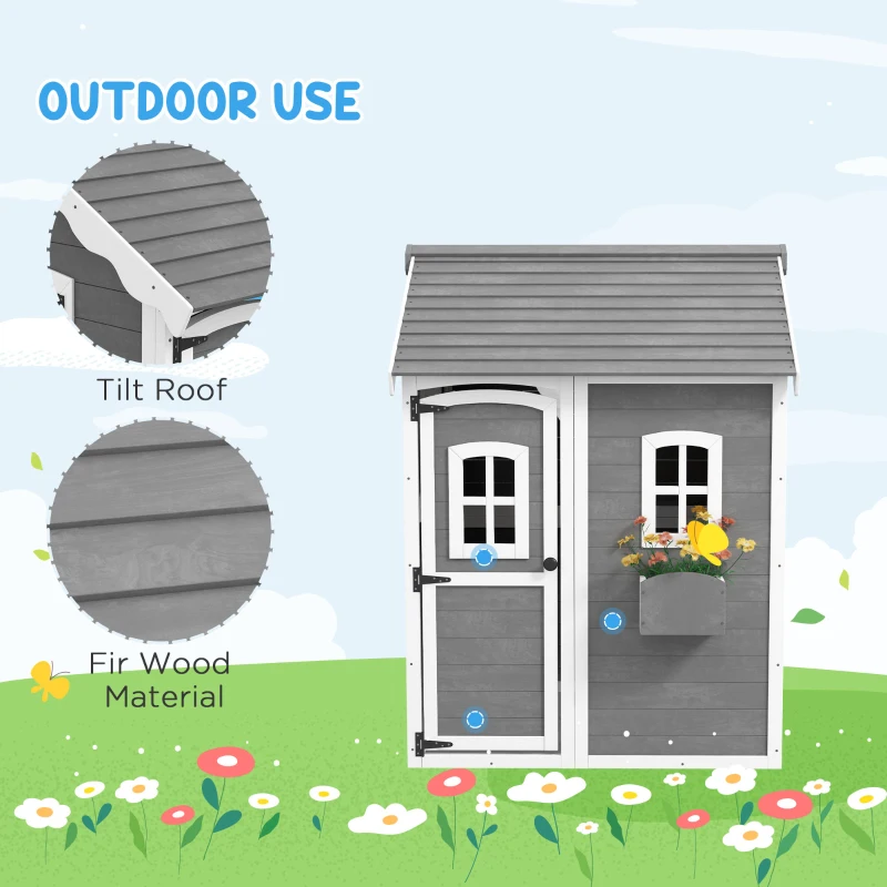 Outsunny Outdoor Wooden Playhouse for Kids with Floor, Door, Windows, Planter Box for 3-8 Years Old, Backyard, Lawn, Garden
