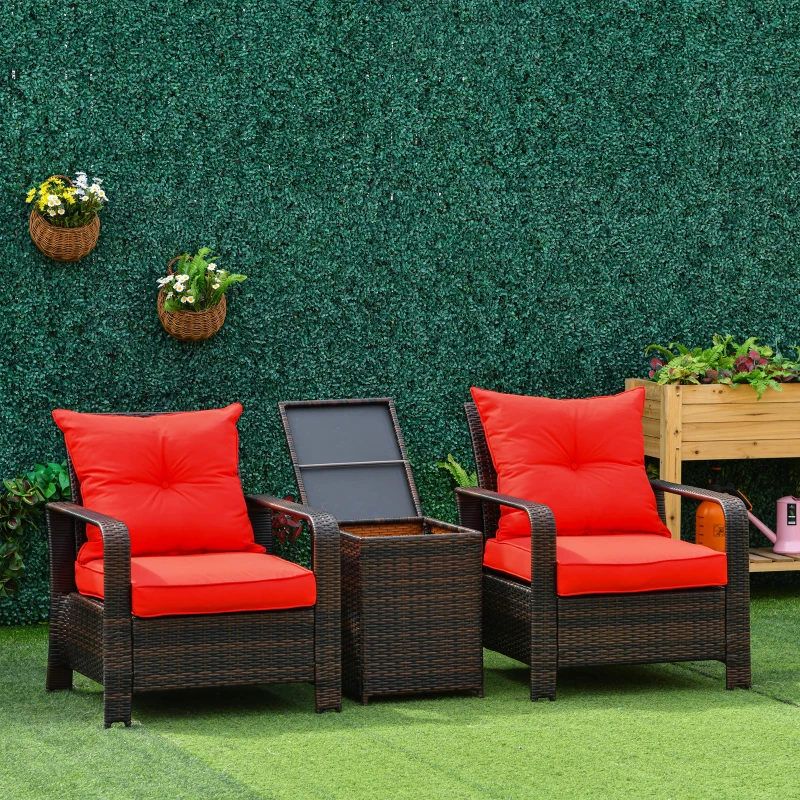 Outsunny 3 Pieces Wicker Patio Furniture Set, Rattan Bistro Set with Storage Coffee Table and Thickened Cushions, Outdoor Conversation Set for Garden, Porch, Balcony, Red
