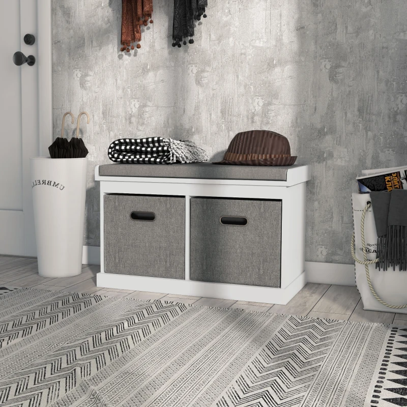 HOMCOM Shoe Storage Bench with Seat, Entryway Bench Seat with Cushion, 2 Fabric Drawers for Hallway, White