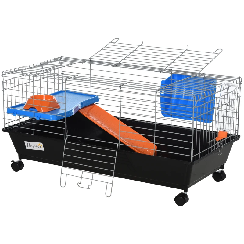 PawHut Small Animal Cage, Rolling Bunny Cage, Guinea Pig Cage with Food Dish, Water Bottle, Hay Feeder, Platform, Ramp, Black