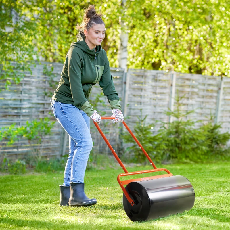 Outsunny Heavy Duty Lawn Roller, 20" Push/Tow Behind Sod Roller, Grass Flattener Filled with 11gal Water/136lbs Sand, Red