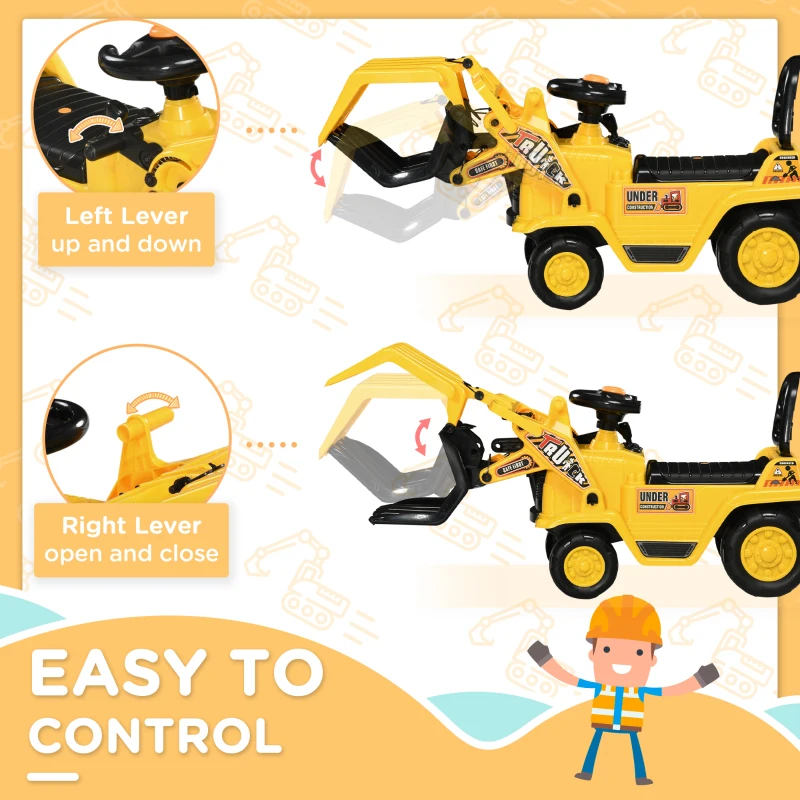 Aosom Ride On Excavator Toy No Power Digger with Realistic Sound Grabber Storage, for 2-4 Years Old, 32.7"x10.6"x15.4", Yellow