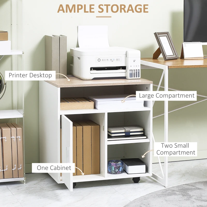 HOMCOM Printer Stand Multipurpose Moveable Filing Cabinet with Ample Inner Storage Space & 4 Easy-Rolling Wheels, White