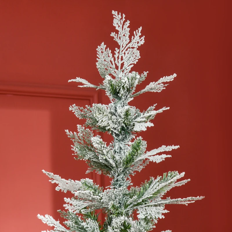 HOMCOM 7.5 Feet Pencil Snow Flocked Artificial Christmas Tree with 880 Realistic Cypress Branches, Auto Open, Green