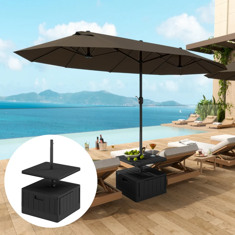 Outsunny 3-in-1 Outdoor Umbrella Base with Table Tray, Coffee End Table, Planter Box with Drain Hole, 175 lbs. Capacity Heavy Duty Fillable Patio Umbrella Stand Table with Wheels and Handles, Black