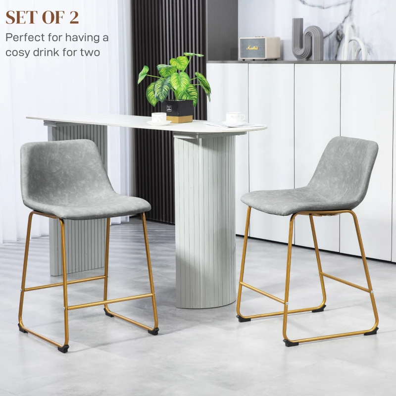 HOMCOM Counter Height Stools Set of 2, PU Leather Upholstered Stools for Kitchen Island, Modern Bar Chairs, Light Grey