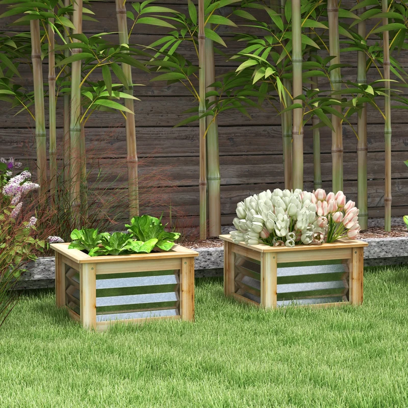 Outsunny Raised Garden Beds Set of 2, Metal and Wood Combined Planter Box, for Growing Flowers, Herbs and Vegetables