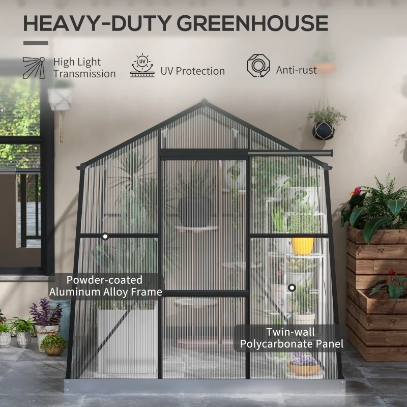 Outsunny 6' x 8' Walk-in Polycarbonate Greenhouse Aluminium Green House with Sliding Door, 5-Level Roof Vent, Rain Gutter