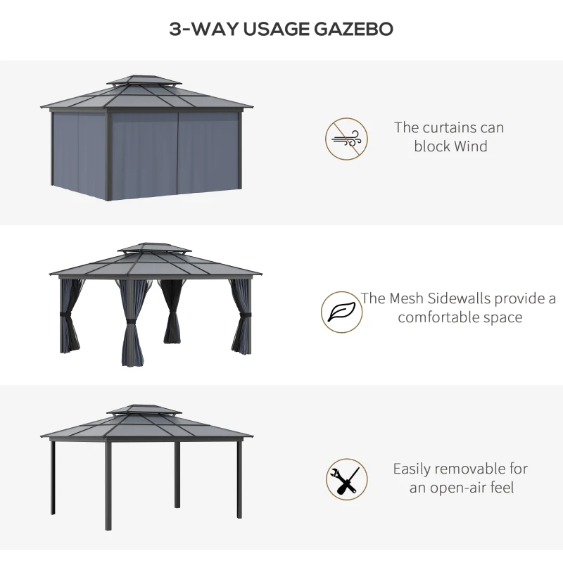 Outsunny 10' x 12' Hardtop Gazebo Canopy with Polycarbonate Roof, Aluminum Frame, Permanent Pavilion Outdoor Gazebo with Netting, for Patio, Garden, Backyard, Deck, Lawn, Black