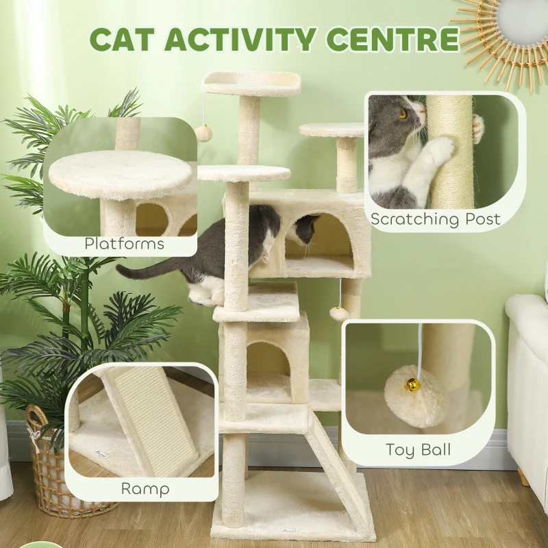 PawHut 54" Cat Tree, Multi-Level Cat Tower with Scratching Posts, Cat Condos, Bed, Platforms, Ramp, Toy Ball, Beige