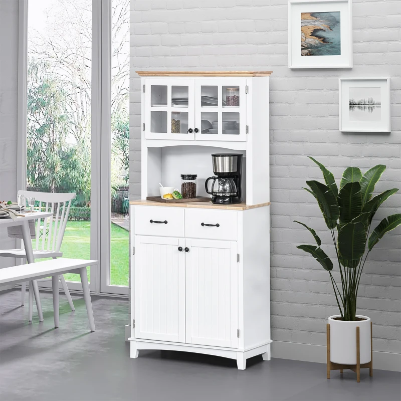 HOMCOM Coastal Style Kitchen Buffet and Hutch Wooden Storage Cabinet with Framed Glass Door  Drawers Microwave Space for Dining Room  Living Room  White