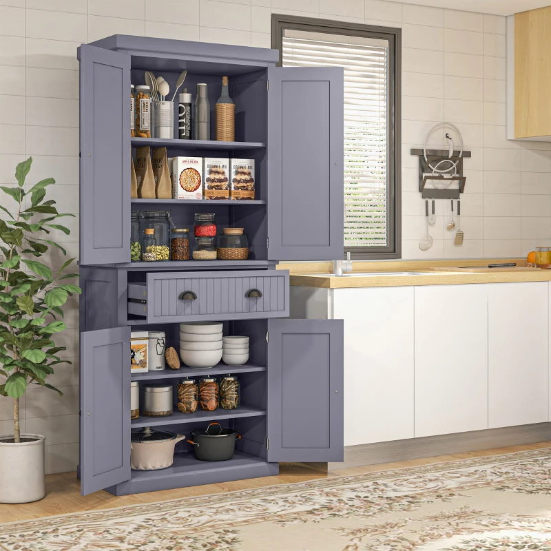 HOMCOM 72" Kitchen Pantry Storage Cabinet, Cupboard w/ 4 Doors and 3 Adjustable Shelves, Large Central Drawer, Navy Blue