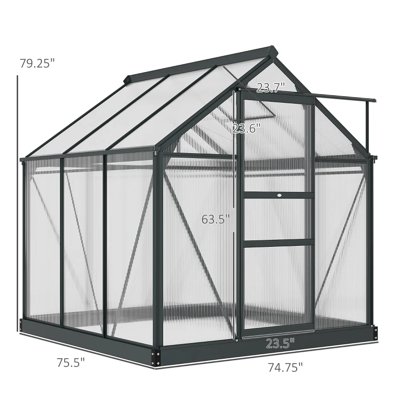 Outsunny Polycarbonate Greenhouse, Heavy Duty Outdoor Aluminum Walk-in Green House Kit Vent Door, 6.2'x6.2'x6.6' Gray