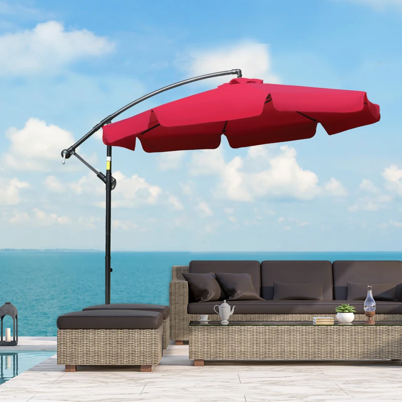 Outsunny 9FT Offset Hanging Patio Umbrella Cantilever Umbrella with Easy Tilt Adjustment, Cross Base and 8 Ribs for Backyard, Poolside, Lawn and Garden, Red