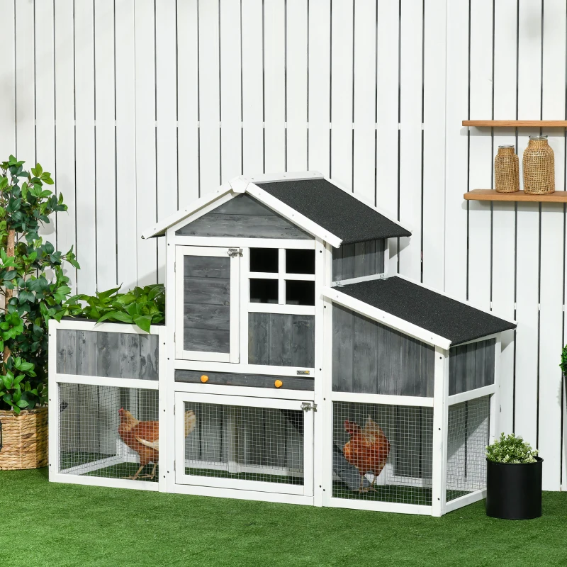 PawHut 63" Wooden Chicken Coop with Garden Bed, Small Outdoor Hen House with Nesting Box Removable Tray, Ramps Run, for Garden Backyard, Storm Gray