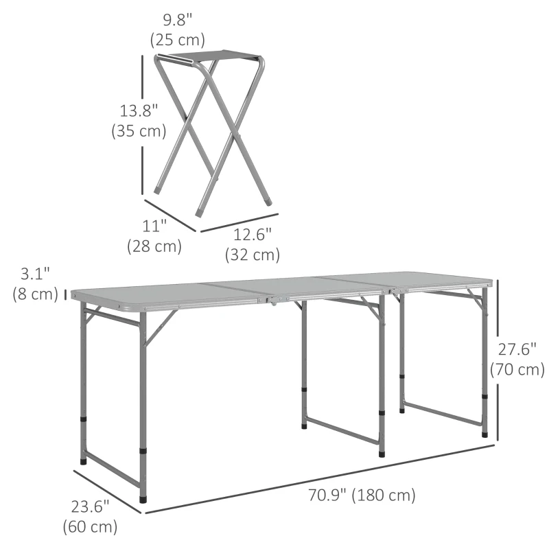 Outsunny Folding Picnic Table and 6 Stools, Camping Table and Chairs with Aluminum Frame for Outdoor, Picnic, Beach, BBQ, Grey