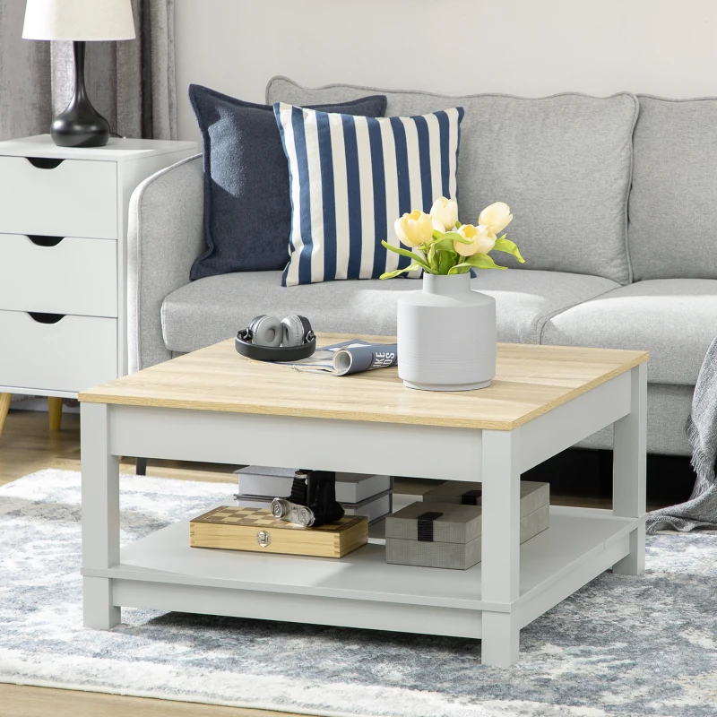 HOMCOM Square Coffee Table with Storage for Living Room, Natural/Gray
