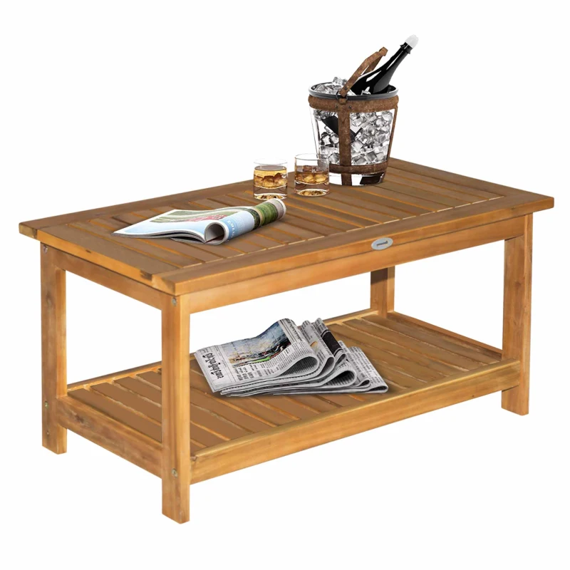 Outsunny 36" Outdoor Coffee Table 2-Shelf Acacia Wood Rectangular Buffet Storage Organizer Natural Finish Teak Patio, Deck, Lawn, Garden