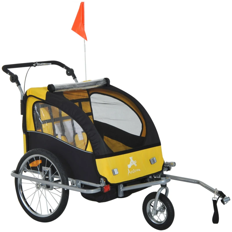 Aosom Elite 360 Swivel Bike Trailer for Kids Double Child Two-Wheel Bicycle Cargo Trailer With 2 Security Harnesses, Yellow
