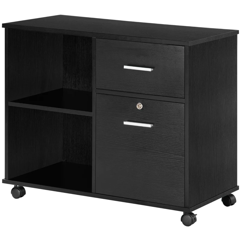 Vinsetto Lateral File Cabinet with Wheels, Mobile Printer Stand with Open Shelves and Drawers for A4 Size Documents, Black
