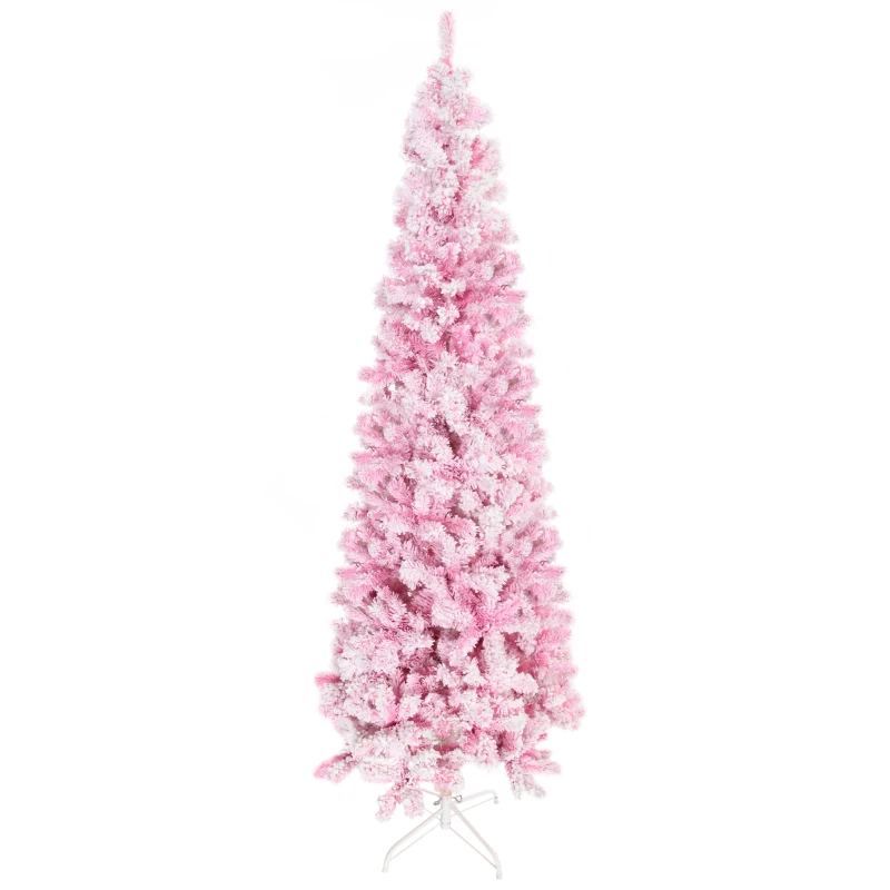 HOMCOM 7.5ft Tall Unlit Snow Flocked Artificial Christmas Tree Slim Pencil Xmas Tree with Pine Shape and Realistic Branches, Pink