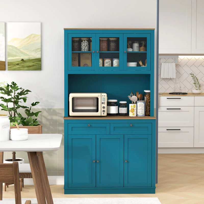 HOMCOM 71" Pantry Cabinet with Microwave Space, Buffet with Hutch, 2 Drawers, Adjustable Shelves and Glass Doors, Navy Blue