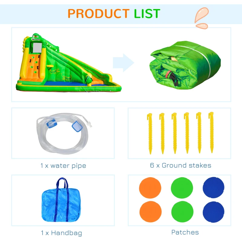 Outsunny 6 in 1 Inflatable Water Slide for Kids Backyard Water Park Castle Bounce House Extra Large Crocodile Style with Basket, Cannon, Pool, Climbing Wall, Slide and Carrybag Without Air Blower