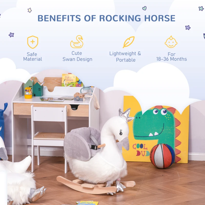 Qaba Kids Ride on Horse Swan Rocker with Sound, Plush Seat, Wooden Base, Safety Belt for Toddlers 18-36 Months, White