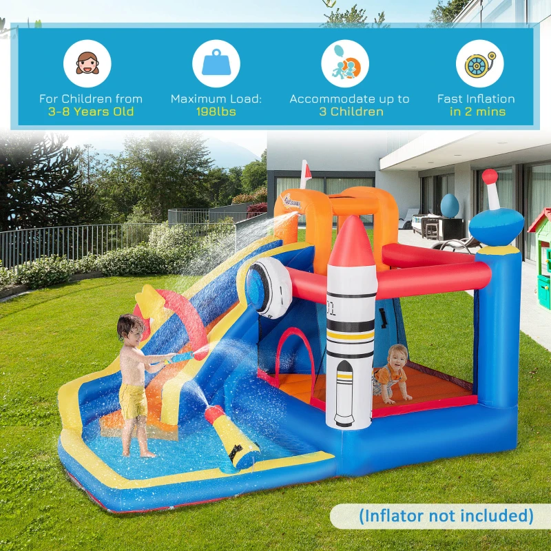 Outsunny 5-in-1 Water Slide Kids Inflatable Bounce House Space Theme Water Park Includes Slide Trampoline Pool Cannon Climbing Wall with Carry Bag, Repair Patches without Air Blower