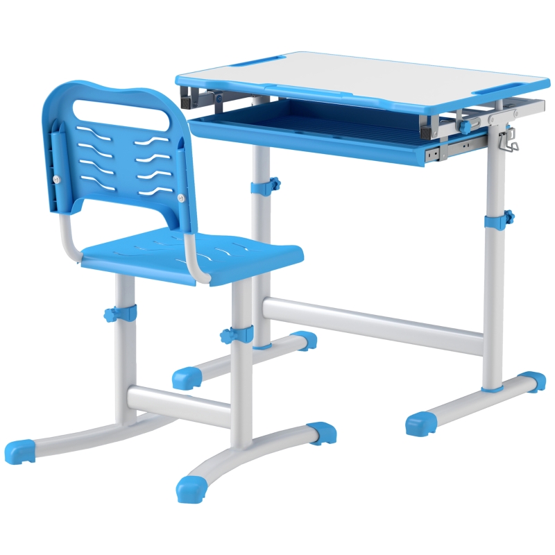 Qaba Height Adjustable Kids Desk and Chairs Set with Tilt Desktop, Storage Drawer, Pen Slot, Hook, Blue