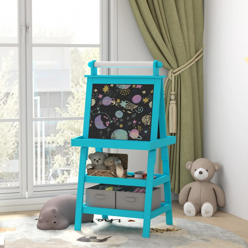 Qaba Double Sided Easel for Kids, Standing Toddler Easel with Paper Roll, Magnetic Whiteboard, Chalkboard & Storage, Blue