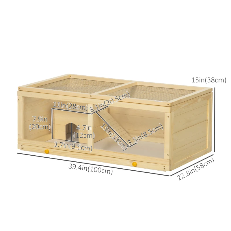 PawHut Small Animals Kit Hutch w/ Sliding Tray, Exercise Play House for Dwarf Hamsters, Gerbils, Chinchillas, Natural Wood