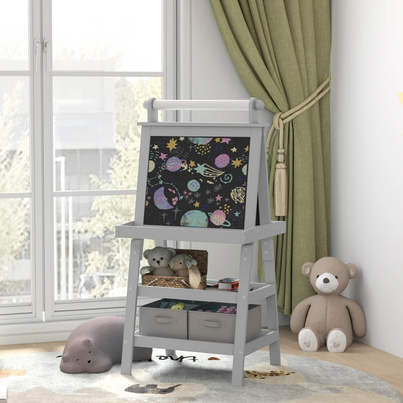 Qaba Double Sided Easel for Kids, Standing Toddler Easel with Paper Roll, Magnetic Whiteboard, Chalkboard & Storage, Gray