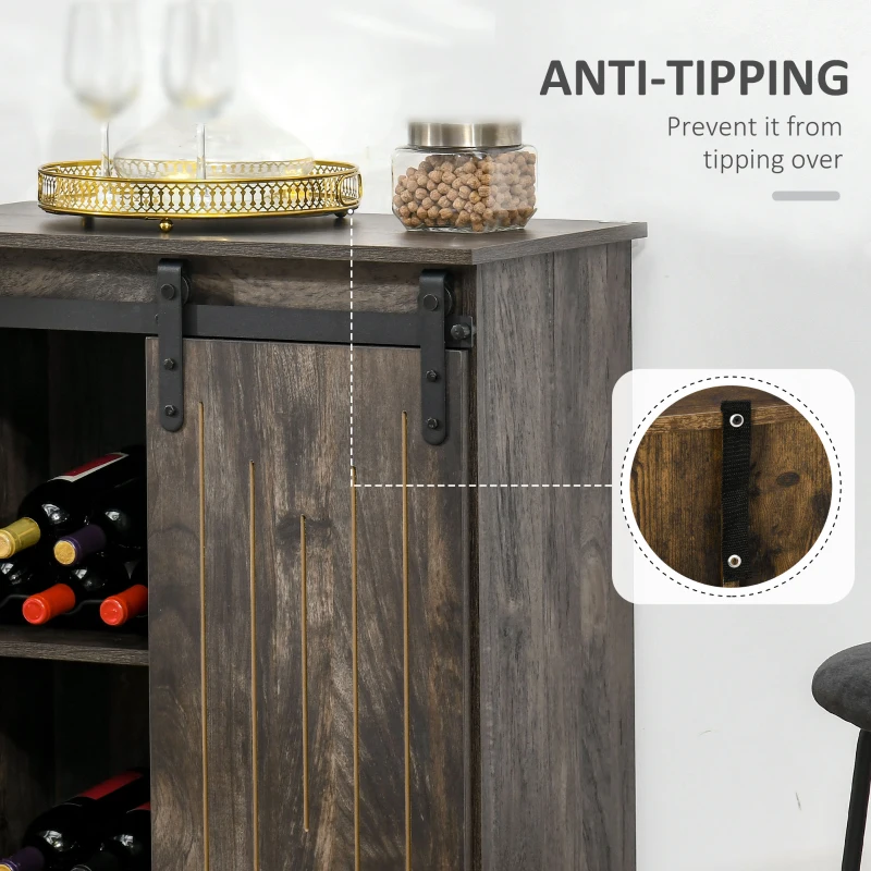 HOMCOM Industrial Wine Cabinet, Sideboard Storage Cabinet, Serving Bar Buffet with Sliding Barn Door and 6-Bottle Wine Rack, Gray