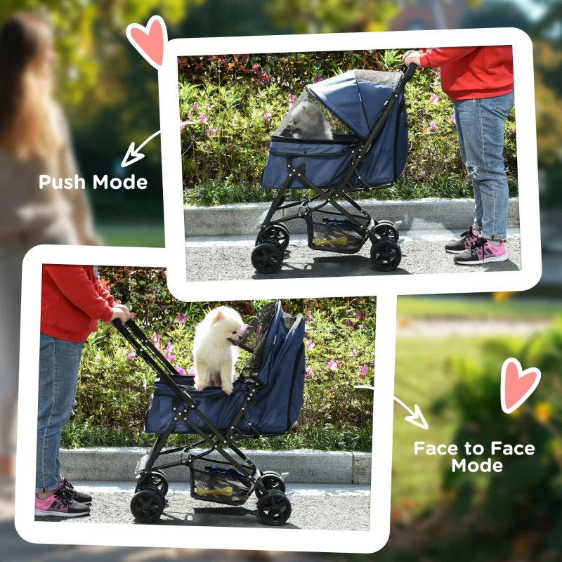PawHut 4 Wheels Pet Stroller with Reversible Handle, Foldable Cat Dog Travel Carriage with EVA Wheel Brake, 3-stage Canopy, Mesh Window Door, Dark Blue