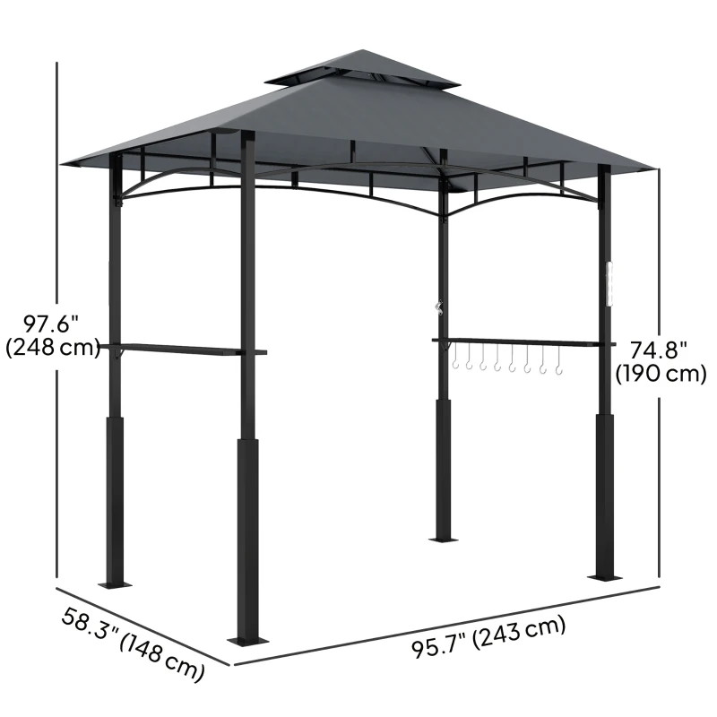 Outsunny 8' x 5' Grill Gazebo, Double Tiered BBQ Gazebo with LED Light, 2 Side Shelves, Hooks and Bottle Opener, Dark Grey