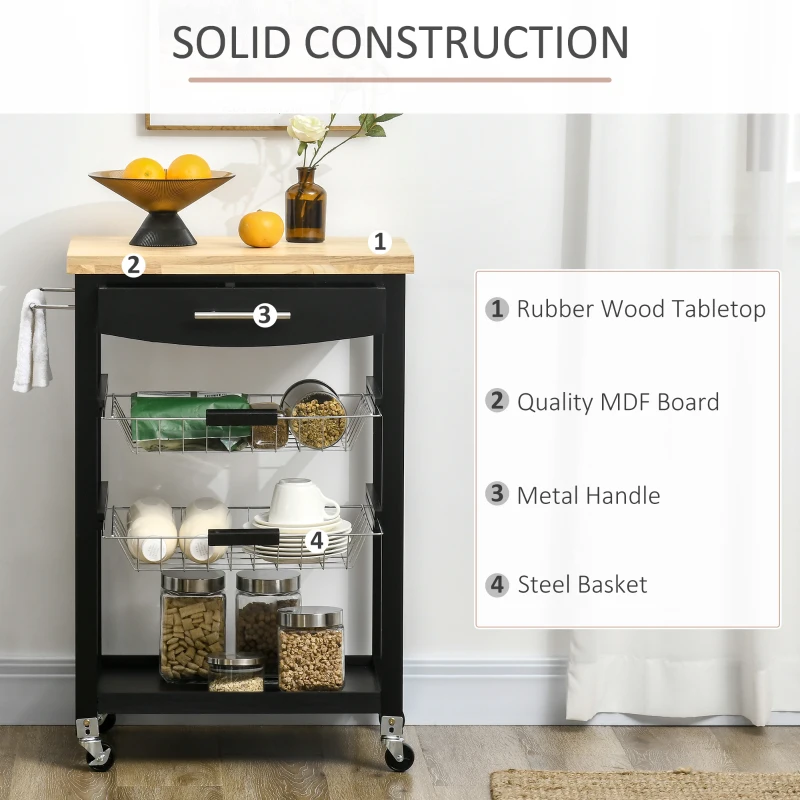 HOMCOM 3-Tier Kitchen Cart, Utility Cart with Solid Wood Top, Steel Basket, Rolling Kitchen Island with Drawer, Microwave Stand, Black