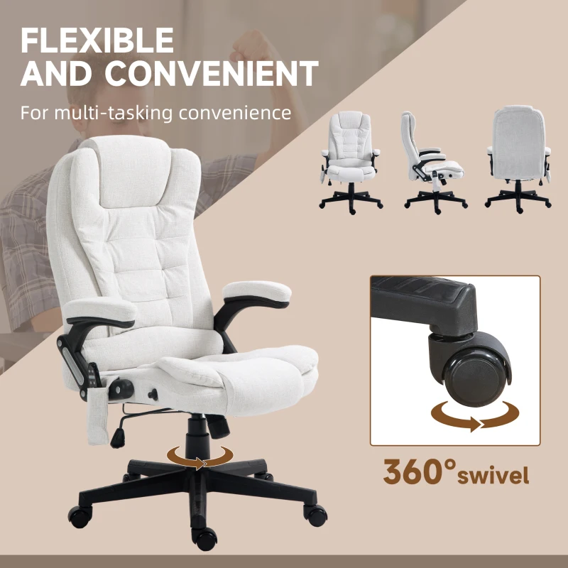HOMCOM 6 Point Vibrating Massage Office Chair with Heat, Linen High Back Massage Desk Chair with Reclining Backrest, White(m-8)