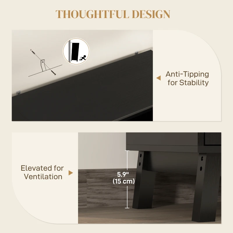 HOMCOM Boho Sideboard Storage Cabinet with Rattan Doors, Black