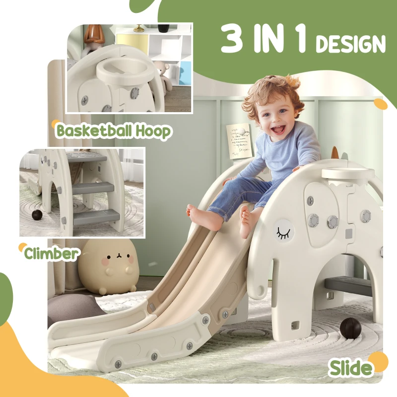 Qaba 3 in 1 Toddler Slide for Years 1-3 w/ Basketball Hoop, Climber, Elephant-Themed