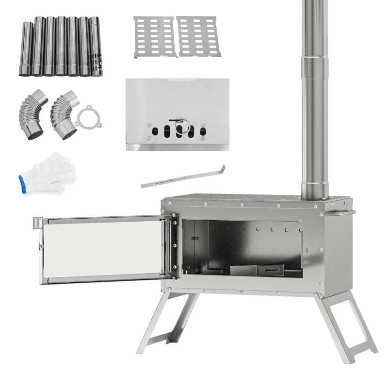 Outsunny Stainless Steel Wood Stove with Chimney and Carry Bag, Portable & Foldable, for Hot Tent, Camping, Cooking, Heating