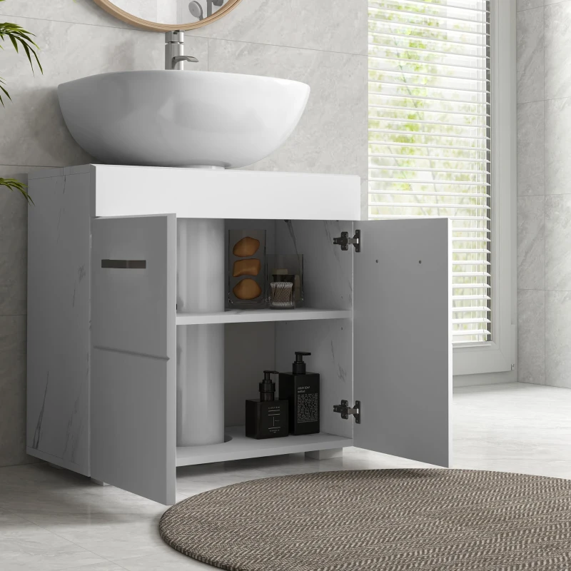 kleankin Bathroom Vanity Under Sink Cabinet, Pedestal Cabinet Storage with Double Doors and Adjustable Shelf, White Marbling