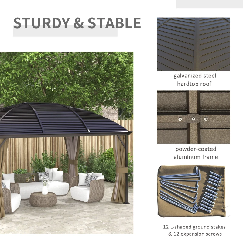Outsunny 10' x 14' Hardtop Gazebo with Curtains, Netting, Pavilion with Steel Roof Ceiling Hook for Garden Patio, Brown