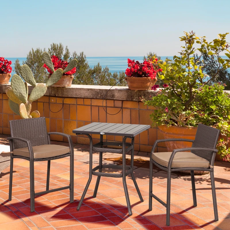 Outsunny 3 Pieces Outdoor Wicker Bistro Bar Set Garden PE Rattan Bar Table and Stools with Seat Cushion, Khaki